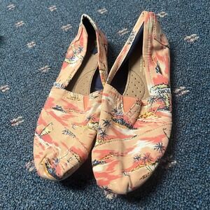 Toms 10006165 Womens Size 6.5 Coral Canvas Printed Palms Espadrille Flat Shoe